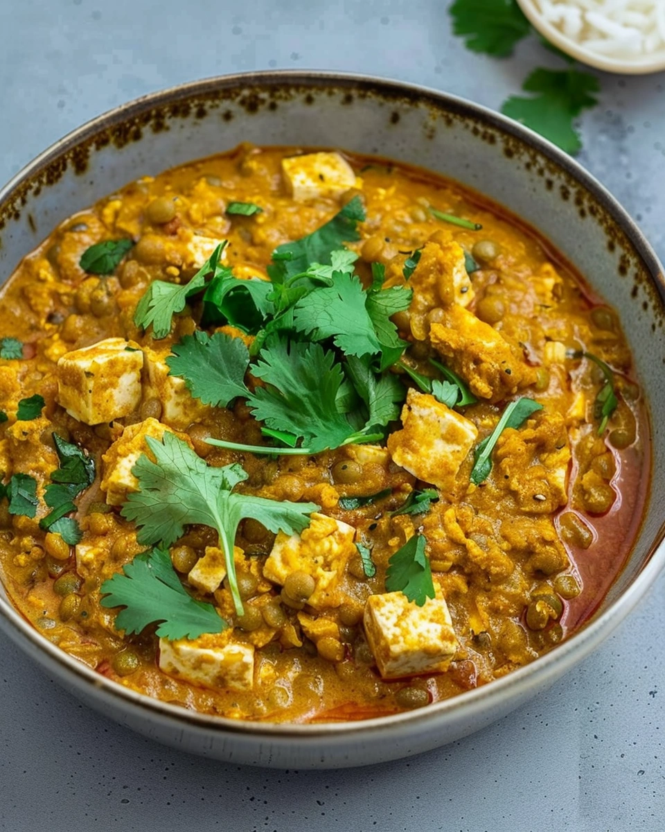 Spicy Vegan Tofu Lentil Curry with Coconut Milk