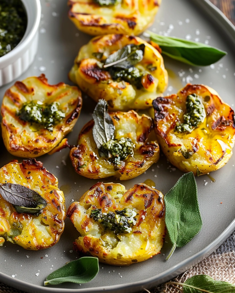 Smashed potatoes with sage pesto