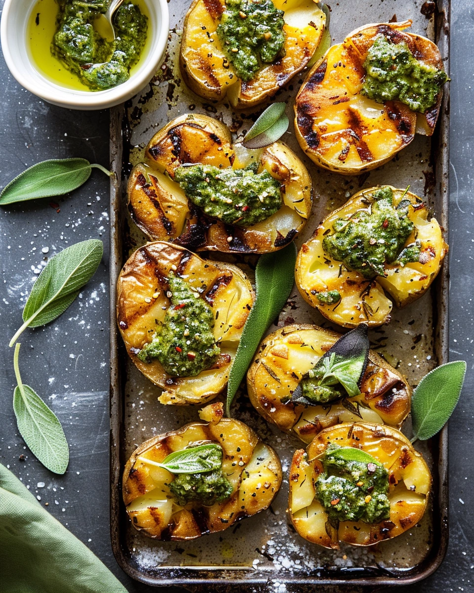 Smashed potatoes with sage pesto
