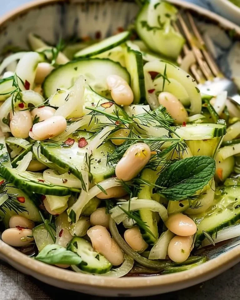 A vibrant Dill White Bean Cucumber Salad served in a bowl garnished with fresh herbs.