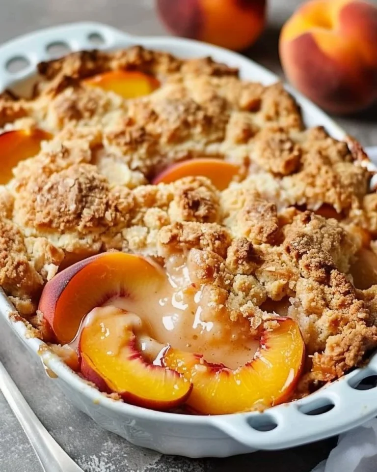 Delicious vegan peach cobbler served in a rustic dish, garnished with fresh peaches