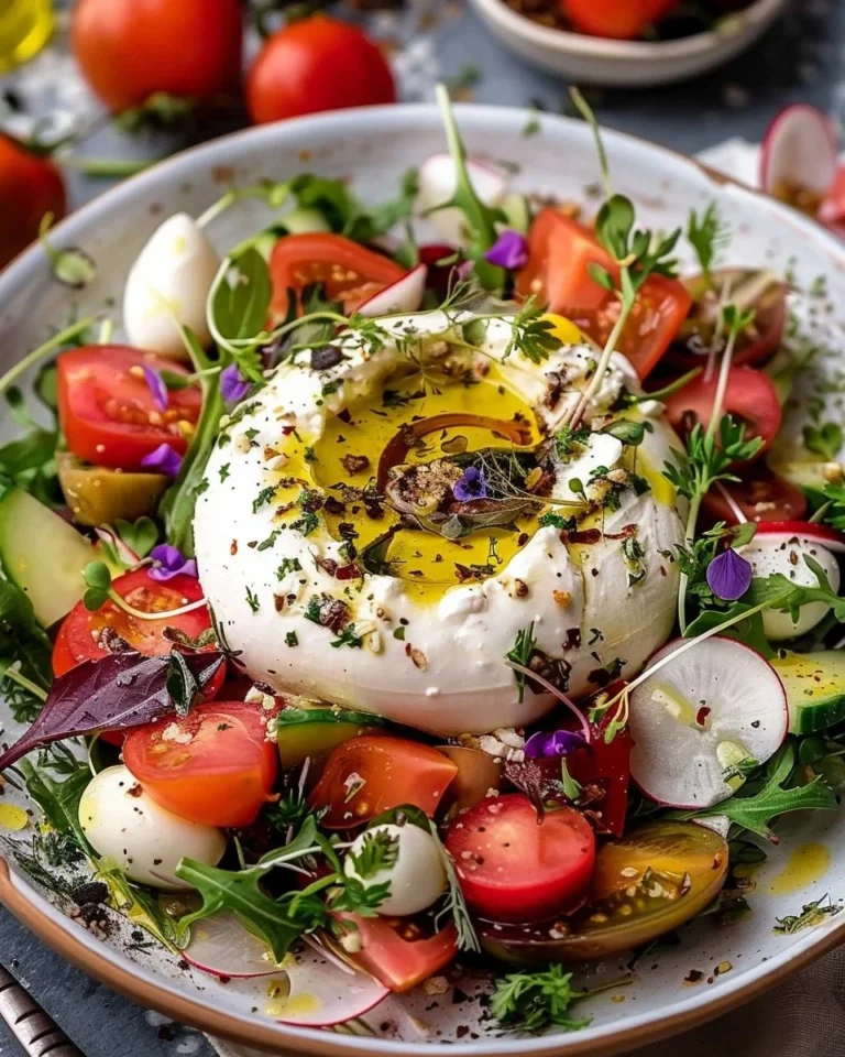 Artistic Burrata Salad with vibrant ingredients and creamy cheese
