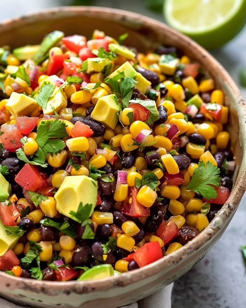 Colorful black bean and corn salad served in a bowl