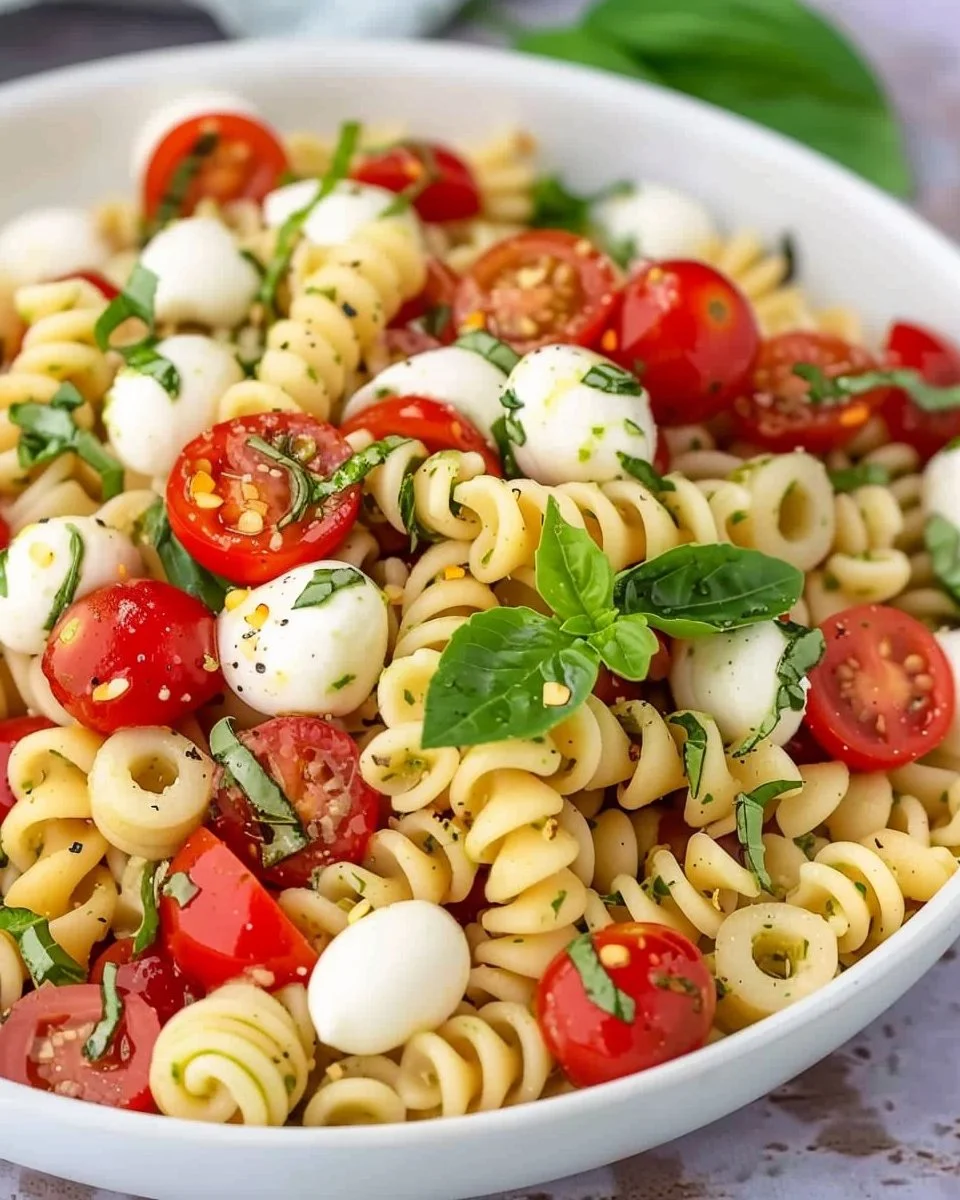 Delicious Caprese Pasta Salad with basil, mozzarella pearls, and cherry tomatoes