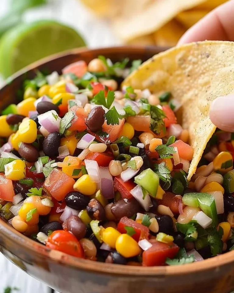 A colorful bowl of homemade Cowboy Caviar with fresh vegetables and beans.