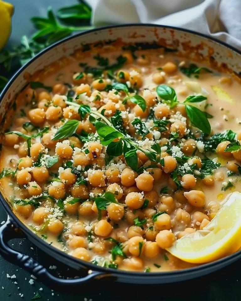 Creamy chickpea skillet with lemon pepper served in a skillet