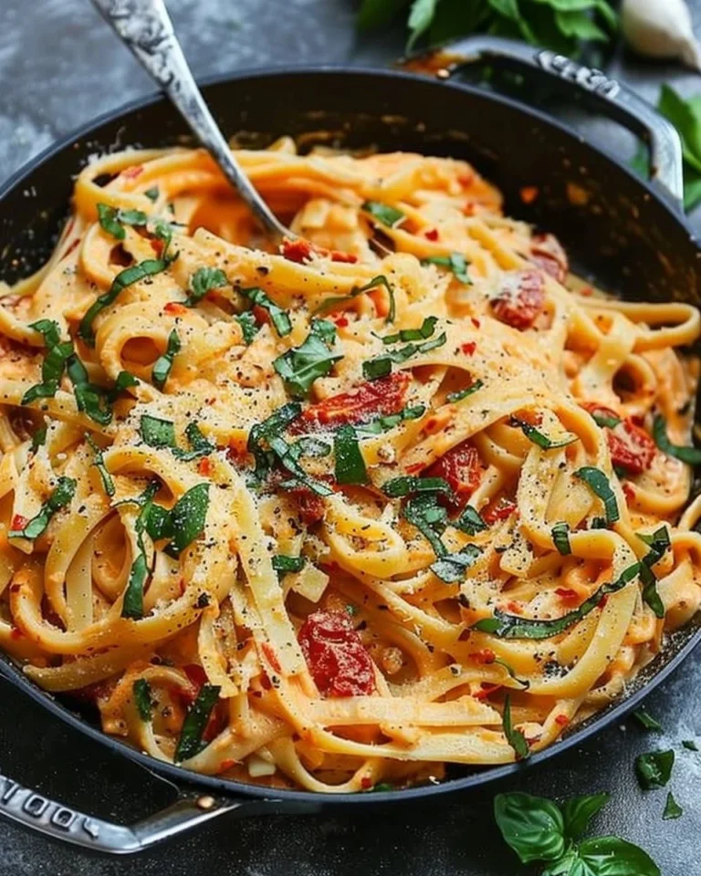 Creamy vegan pasta dish with sun-dried tomatoes garnished with herbs