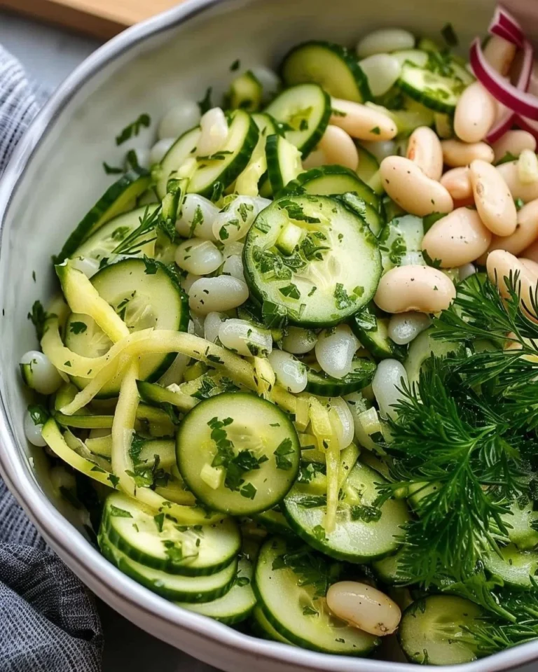 Dill White Bean and Cucumber Salad in a bowl, garnished with fresh dill.