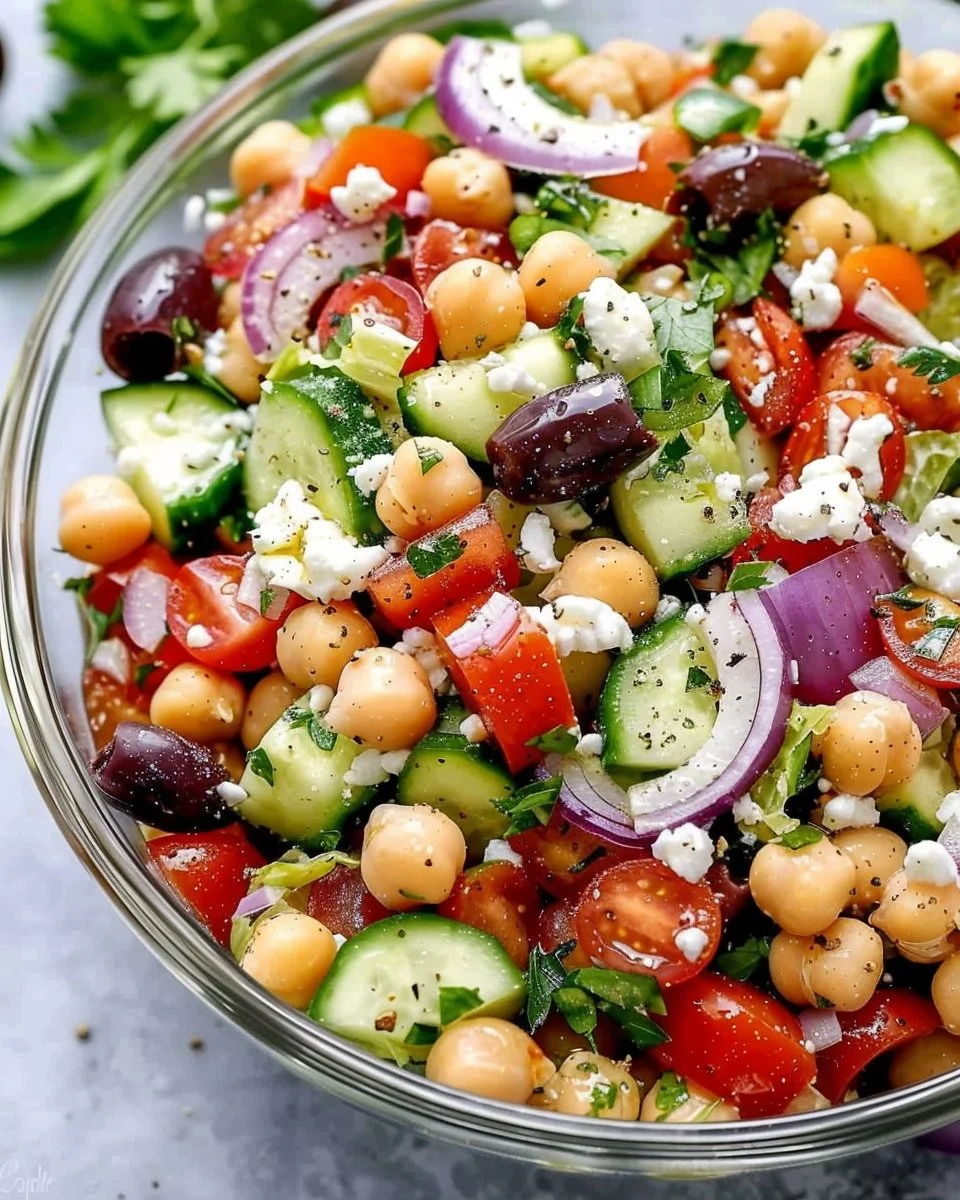 Greek chickpea salad with fresh vegetables and herbs in a bowl