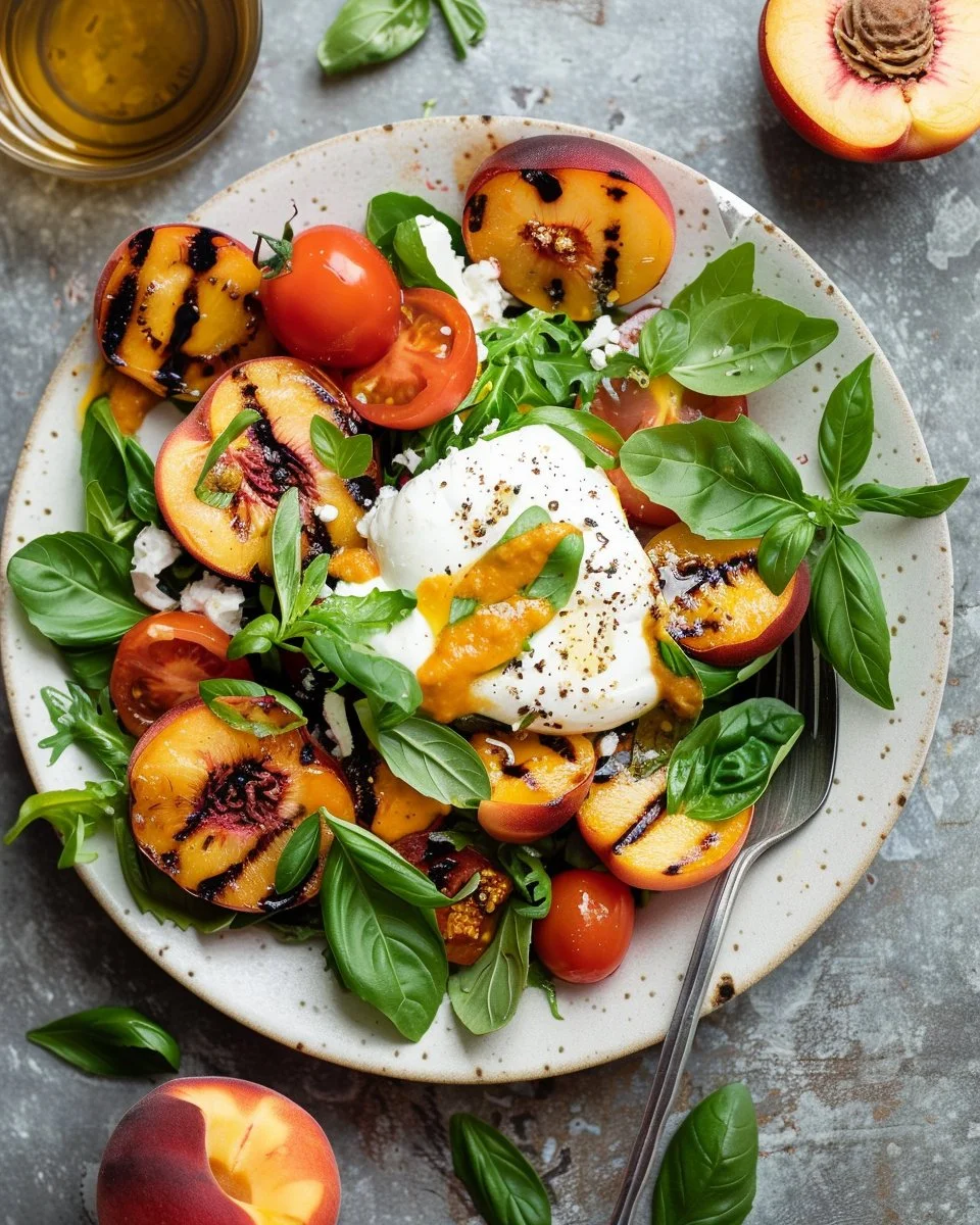 Delicious grilled peach burrata salad served with fresh greens and balsamic drizzle.