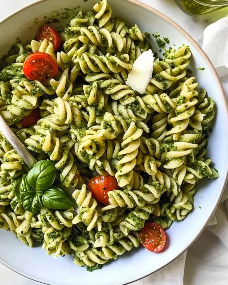 Bowl of colorful pesto pasta salad with fresh vegetables and herbs