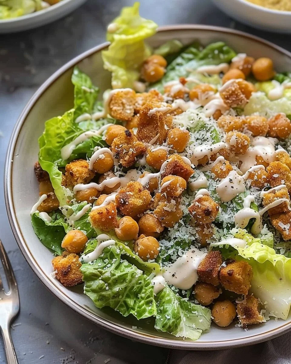 Romaine Caesar salad with crispy chickpea croutons on a plate