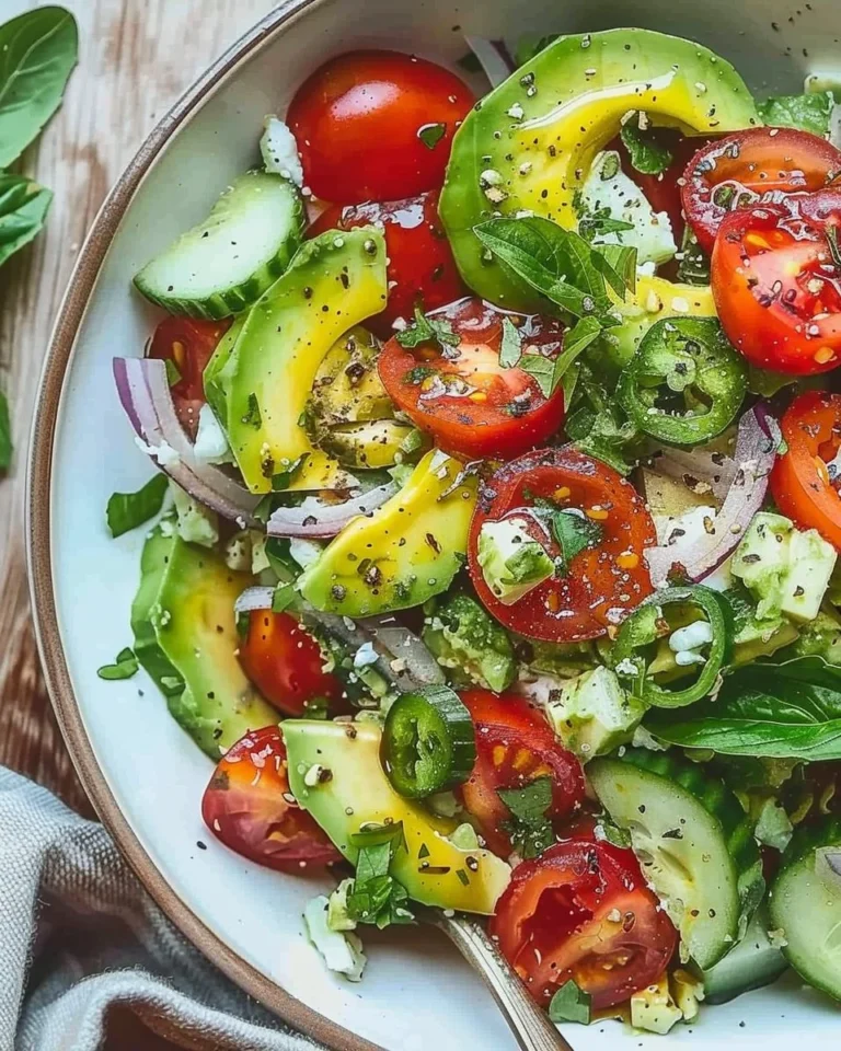A vibrant bowl of the best avocado salad with fresh vegetables and dressing.