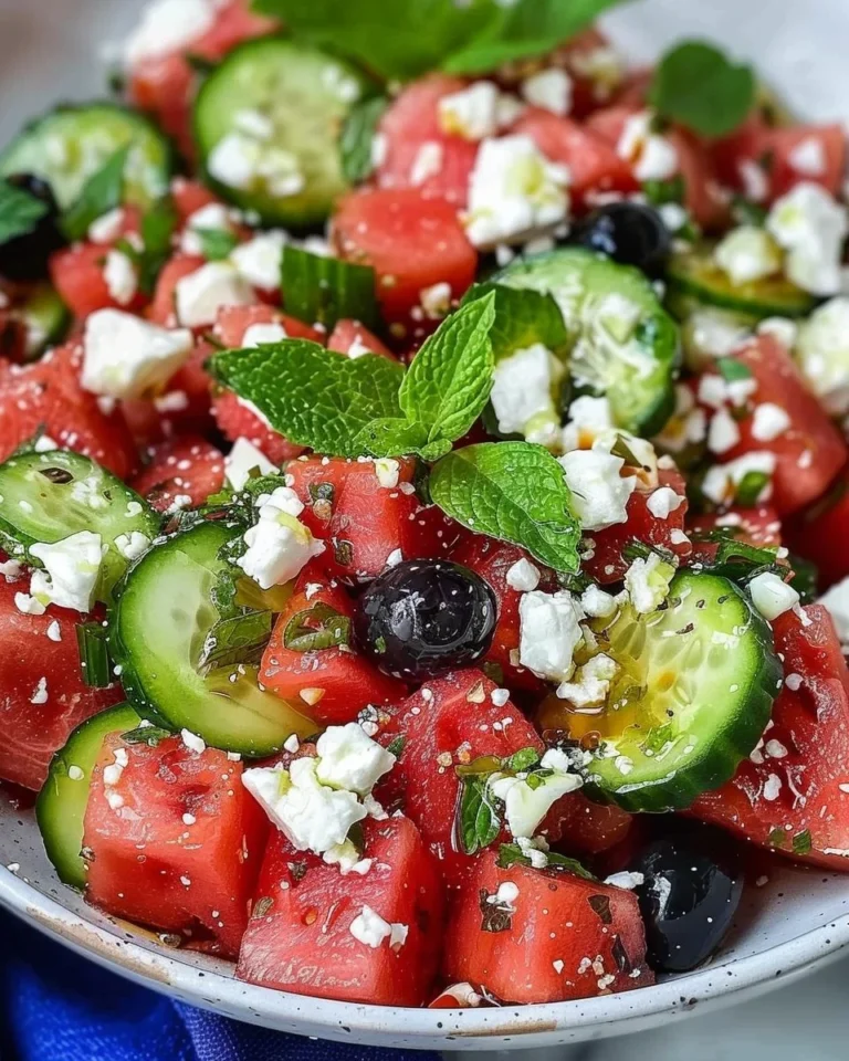 Watermelon Cucumber Feta Salad served in a bowl with fresh ingredients on a table