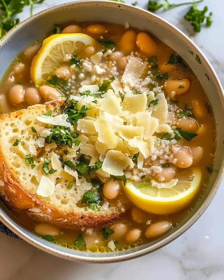 White beans in broth topped with Parmesan and lemon slices in a bowl