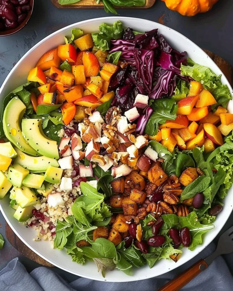 Colorful Autumn Chopped Salad featuring fresh vegetables and nuts on a wooden table.