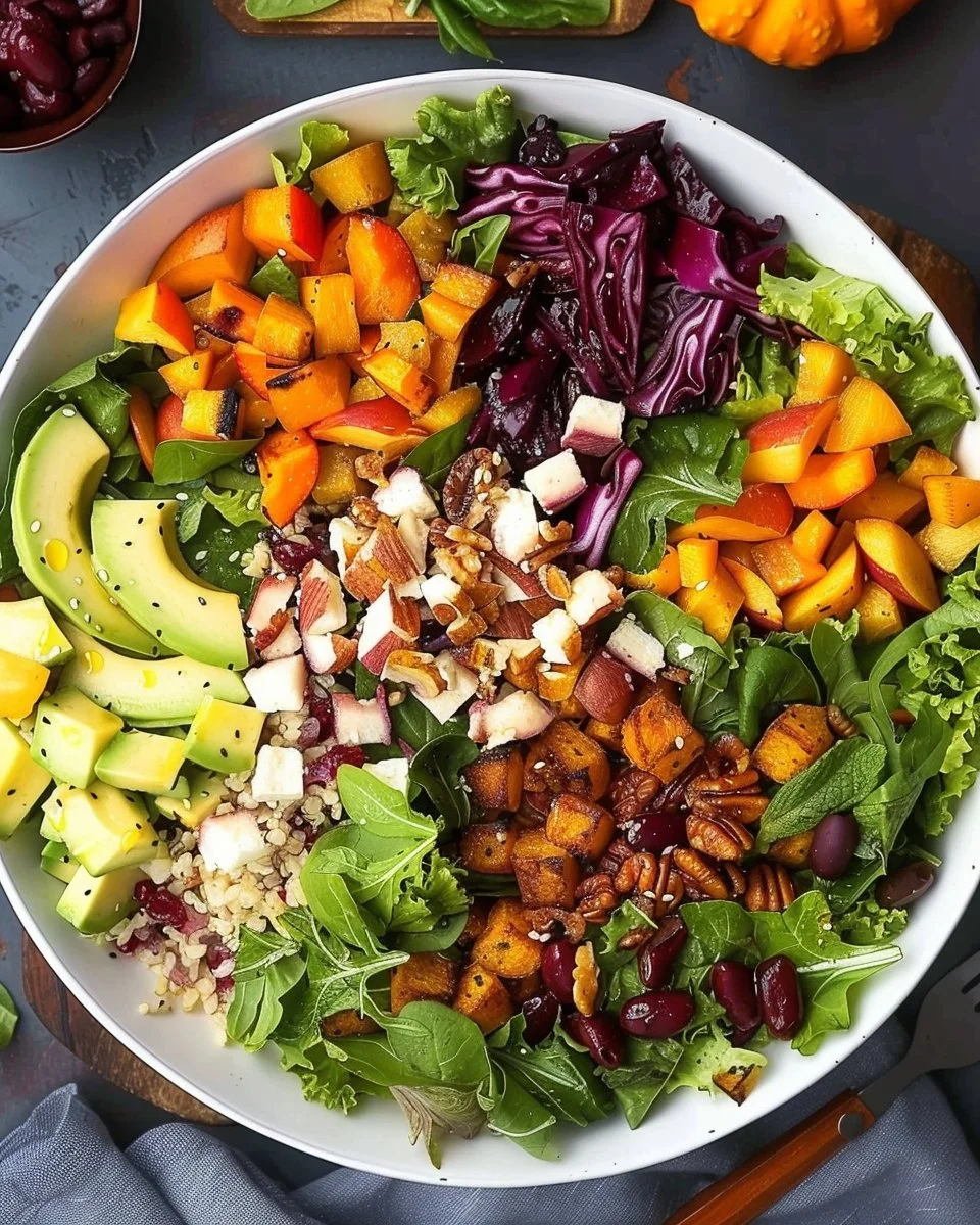 Colorful Autumn Chopped Salad featuring fresh vegetables and nuts on a wooden table.