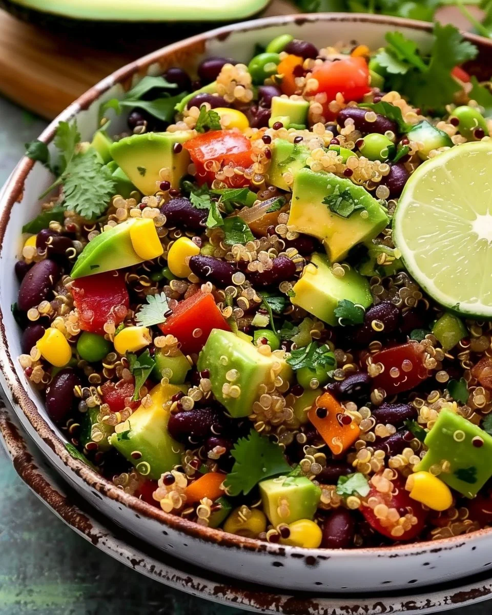 Colorful black bean quinoa salad with fresh vegetables and dressing