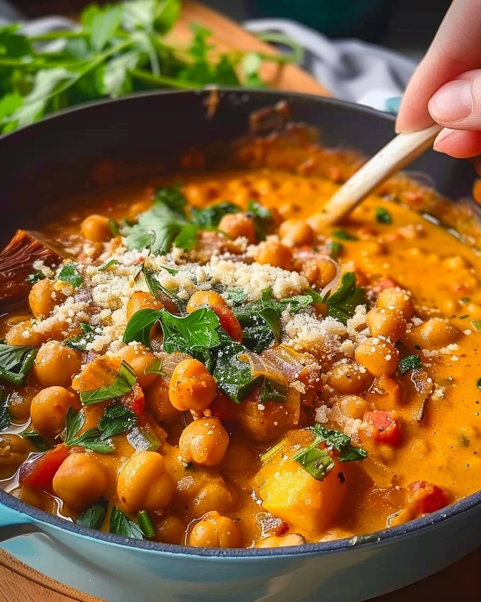 A bowl of chickpea curry with spices and herbs served with rice.