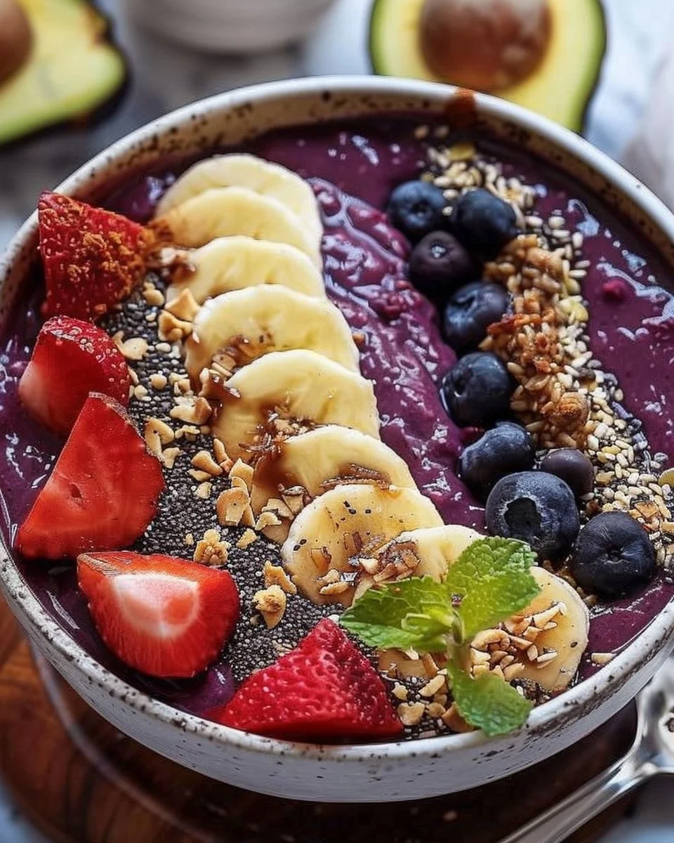 High-protein acai bowl topped with fruits and nuts for a quick breakfast.