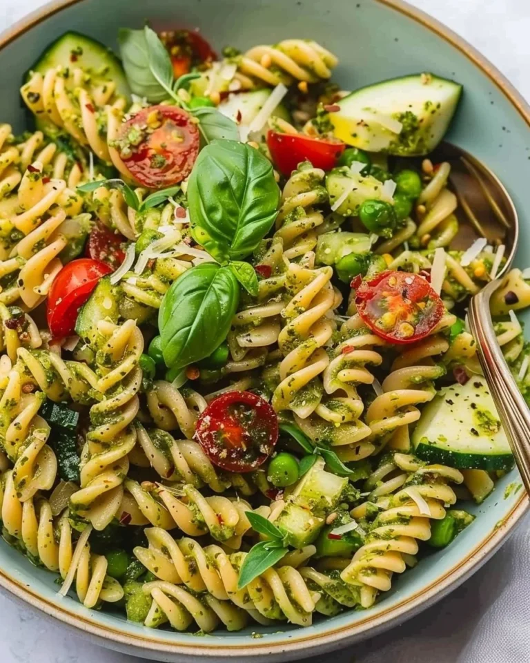 Delicious pesto pasta salad with fresh vegetables and herbs