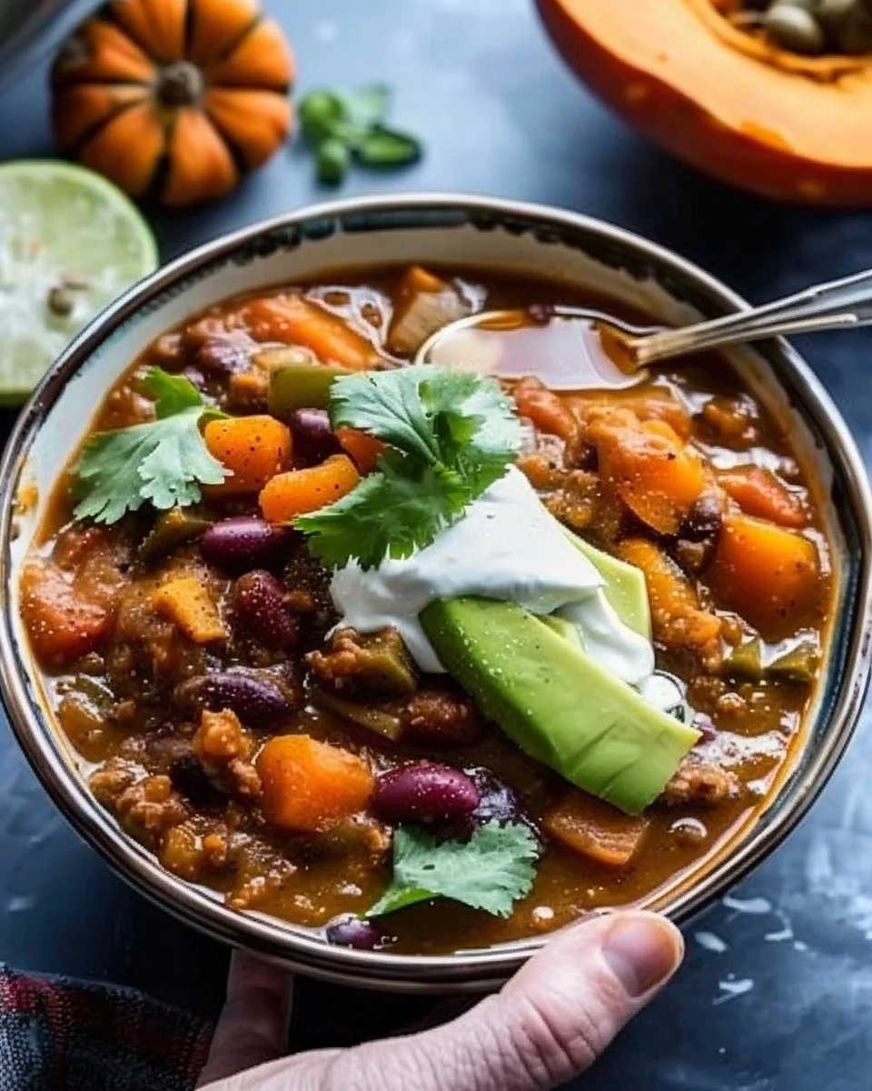 Bowl of hearty Pumpkin Chili topped with spices and herbs.