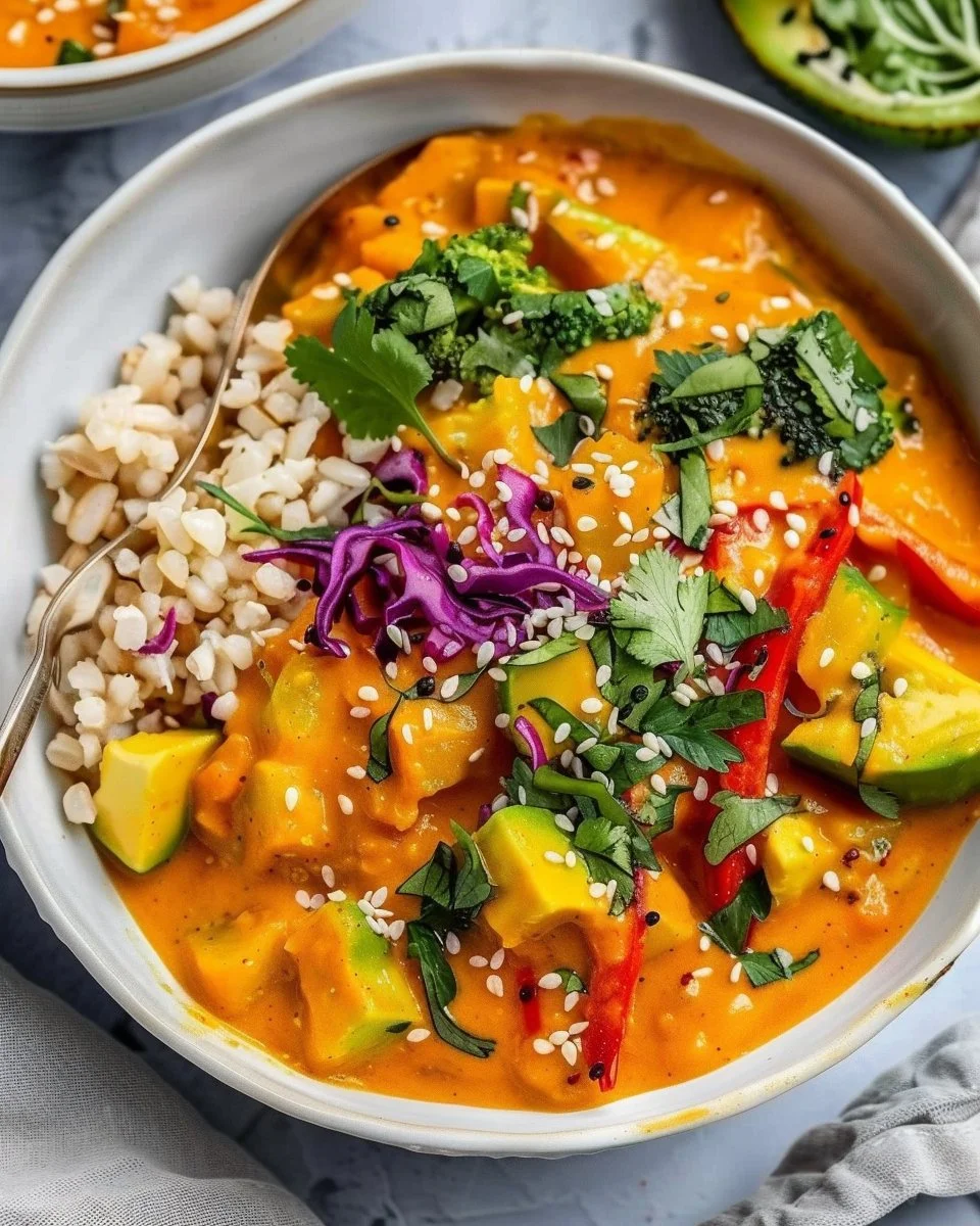Bowl of creamy slow cooker coconut curry with vegetables and rice