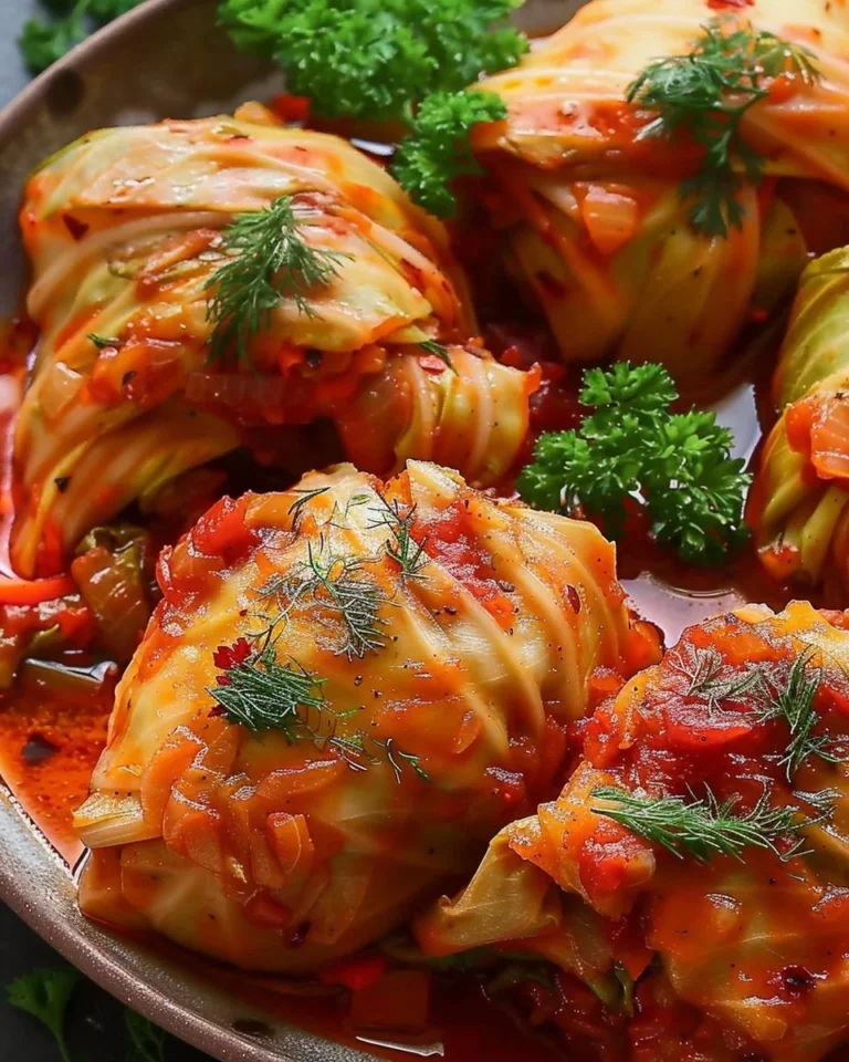Plate of flavorful Vegan Cabbage Rolls garnished with herbs